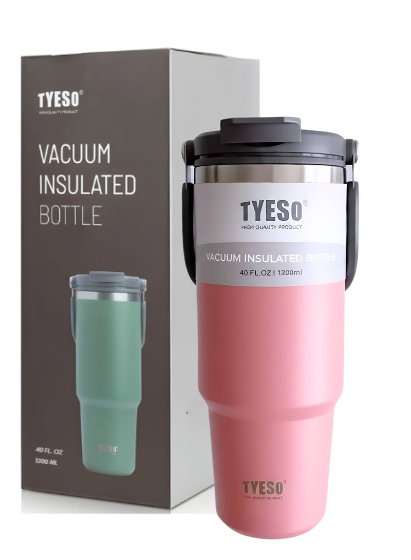 TYESO 1200ml Vacuum Insulated Tumbler 40oz Stainless Steel Travel Mug with Handle & Lid – Double Wall Thermal Water Bottle for Hot & Cold Drinks, Leakproof Large Capacity Cup – Pink - Image 1